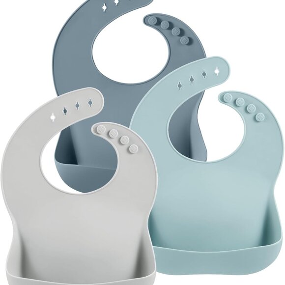 3-Pack Waterproof Silicone Bibs for Babies & Toddlers with Large Food Catcher - Picture 1 of 8